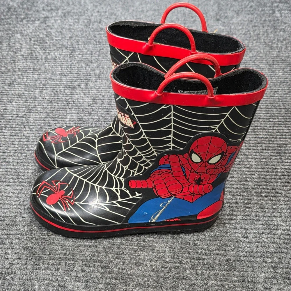 Marvel Spider-Man Rain Boots Kids Size 2/3 Black Red Web Graphic Pull-On Handles